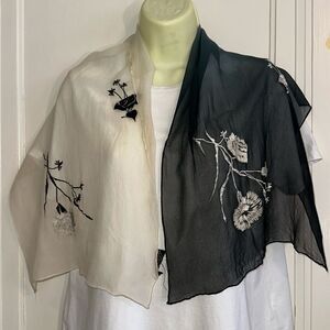 Vintage‎ 60s Ben Goodman black & white silk scarf with embroidered flowers